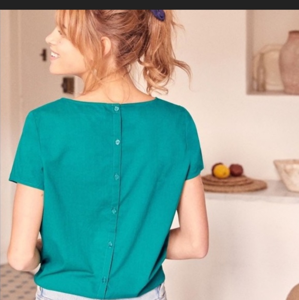 Sezane Teal Short Sleeve Button-Back Tee